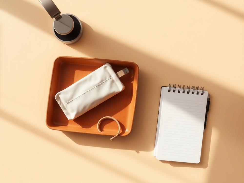 Leather desk tray, cable pouch and planner arranged on a cream desk