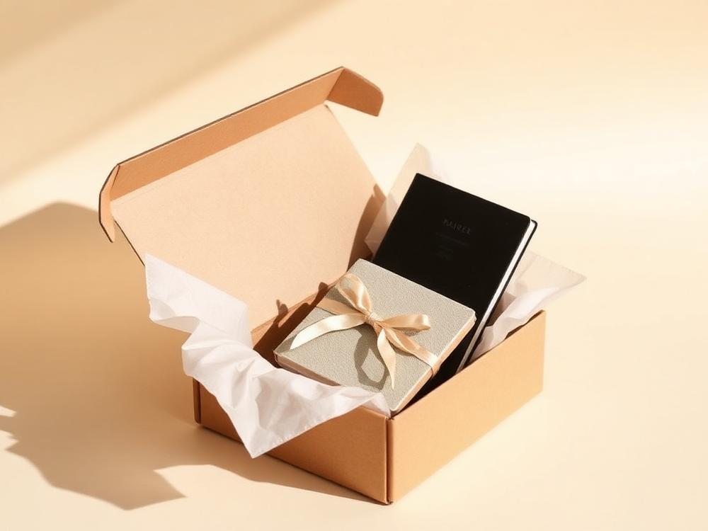 Kraft gift box lined with tissue paper holding a notebook and small case