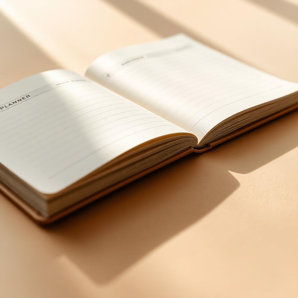 Open undated weekly planner notebook on a desk in daylight